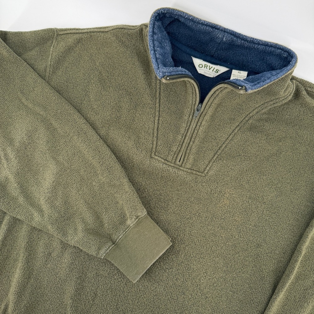 Orvis Quarter Zip Pullover Mens XL Olive Green Textured Fleece Lined Mock Neck